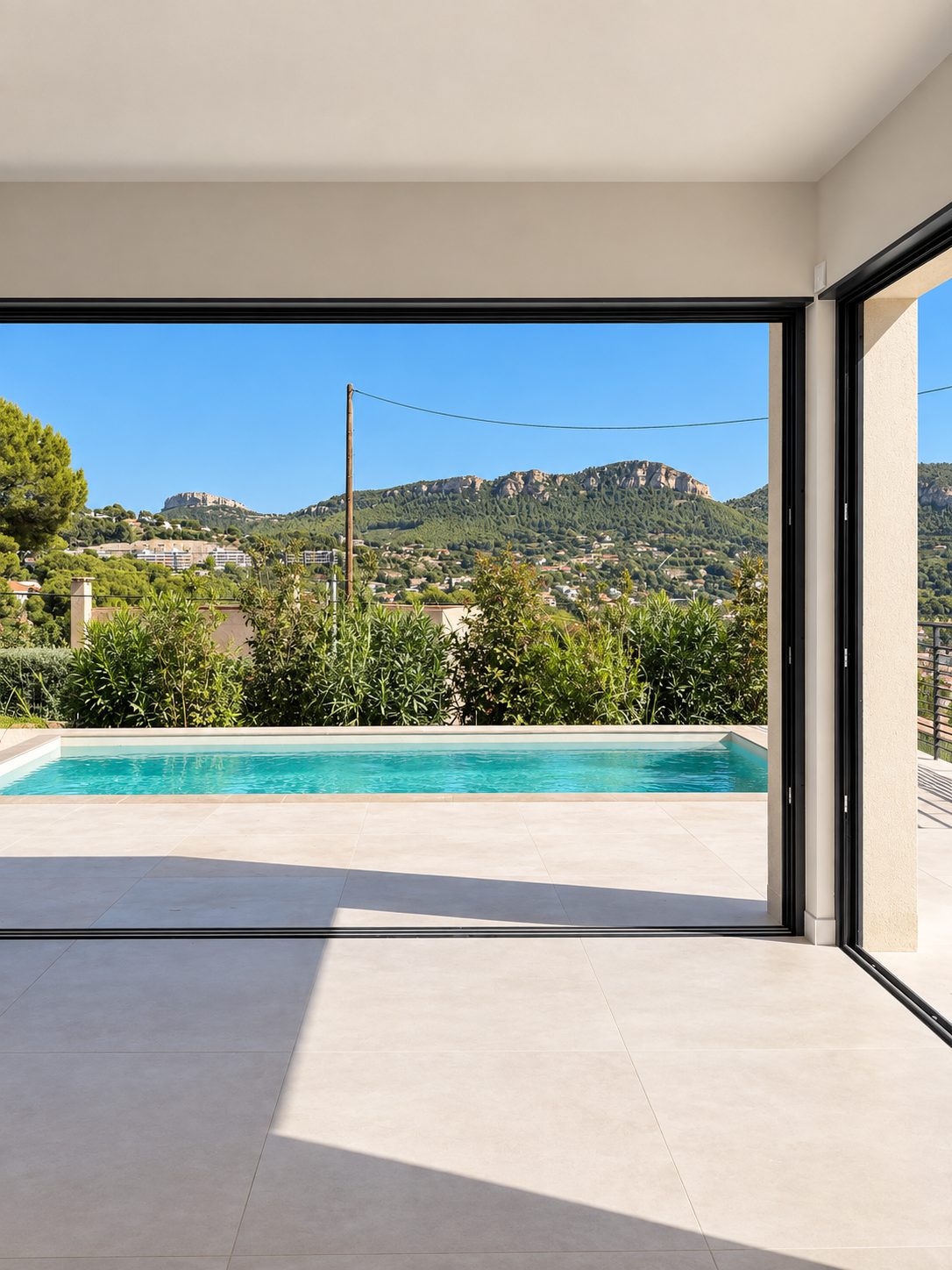 La pièce de vie grande ouverte sur la terrasse et la piscine, les collines en arrière-plan