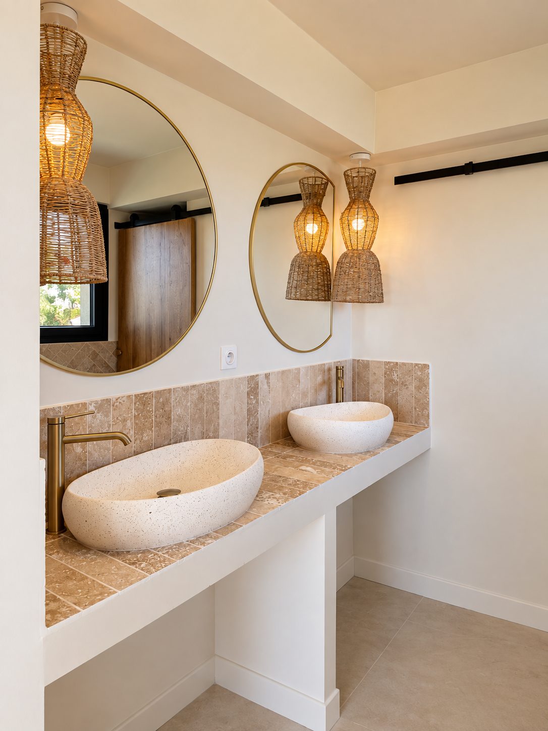 Salle d'eau de la suite, double vasque en pierre et miroirs ronds